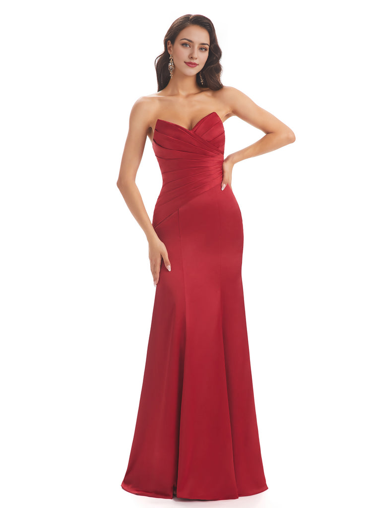 Simple Strapless Sweetheart Soft Satin Mermaid Long Bridesmaid Dresses prom shop dresses