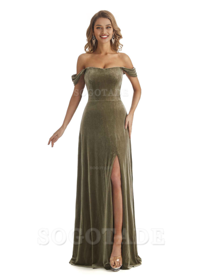 Elegant Mermaid Off The Shoulder Unique Velvet Side Slit Backless Long Bridesmaid Dresses Formal Wear Dresses