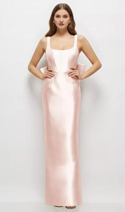 Bow low round neck tight corset satin and floor length bridesmaid dress