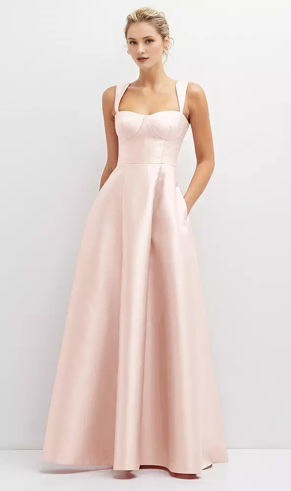 Pocket tie back tight corset satin and floor length Prom dress