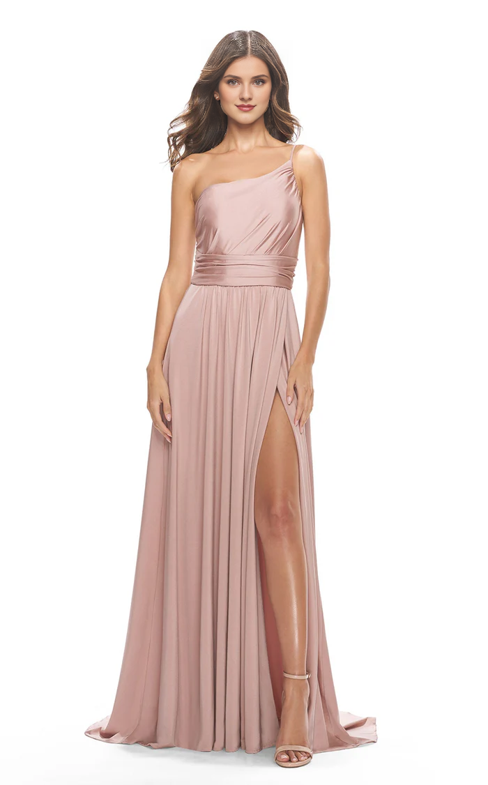 Single shoulder collar A-line tight corset with side slits and floor length Prom dress