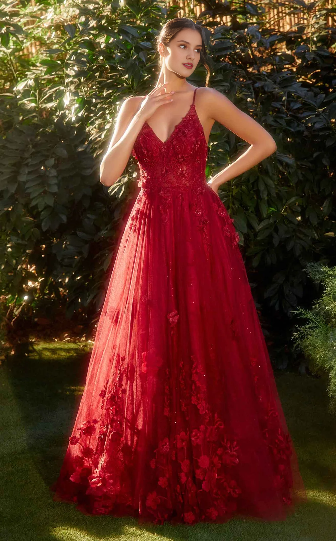 A-line 3D floral decal chiffon thin shoulder strap Prom dress-SOGOTADE