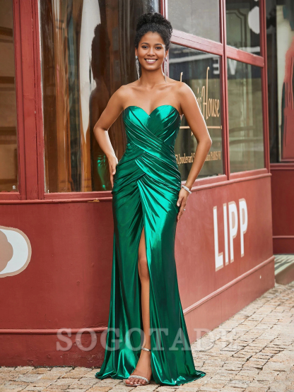 Wrinkled tight fitting/straight tube and floor slit Prom dress