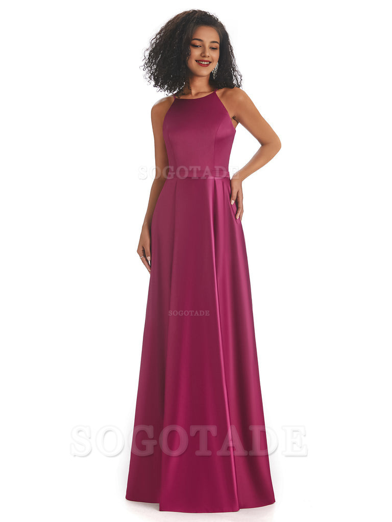 Soft Satin A-Line Halter Floor-Length Modern African Bridesmaid Dresses