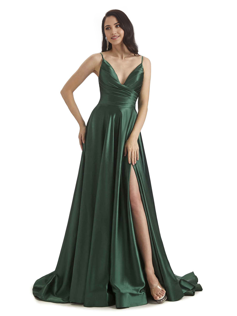 Spaghetti Straps Satin formal dresses evening gown Bridesmaid Dresses With Side Slit 