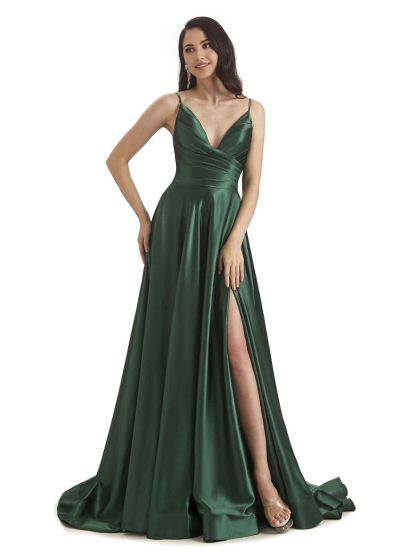 Spaghetti Straps Satin formal dresses evening gown Bridesmaid Dresses With Side Slit 