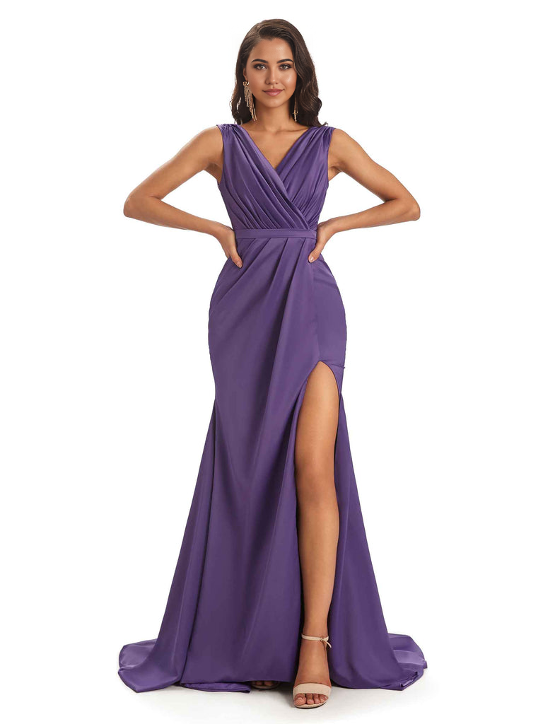 A-line V-neck Floor-Length Satin formal dresses evening gown Bridesmaid Dresses With Side Slit 
