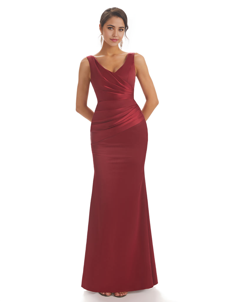 Sheath Sleeveless V-neck Floor-Length Satin formal dresses evening gown Bridesmaid Dresses With Pleats 