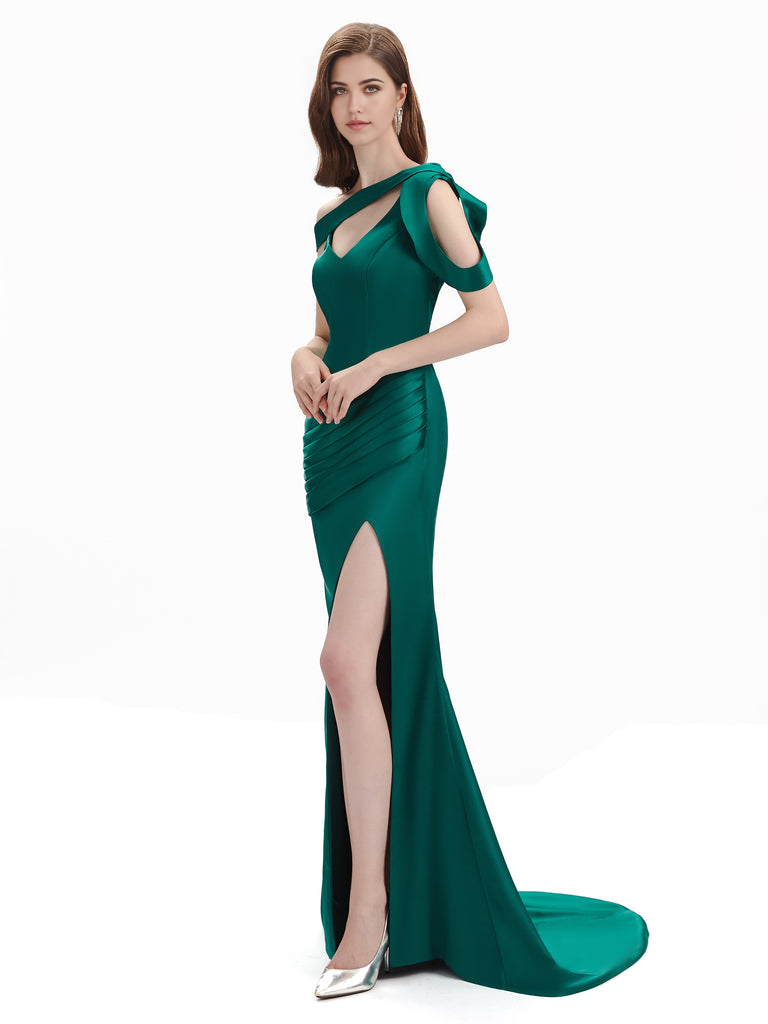Mermaid V-Neck Satin Floor-Length formal dresses evening gown Bridesmaid Dresses With Side Slit 