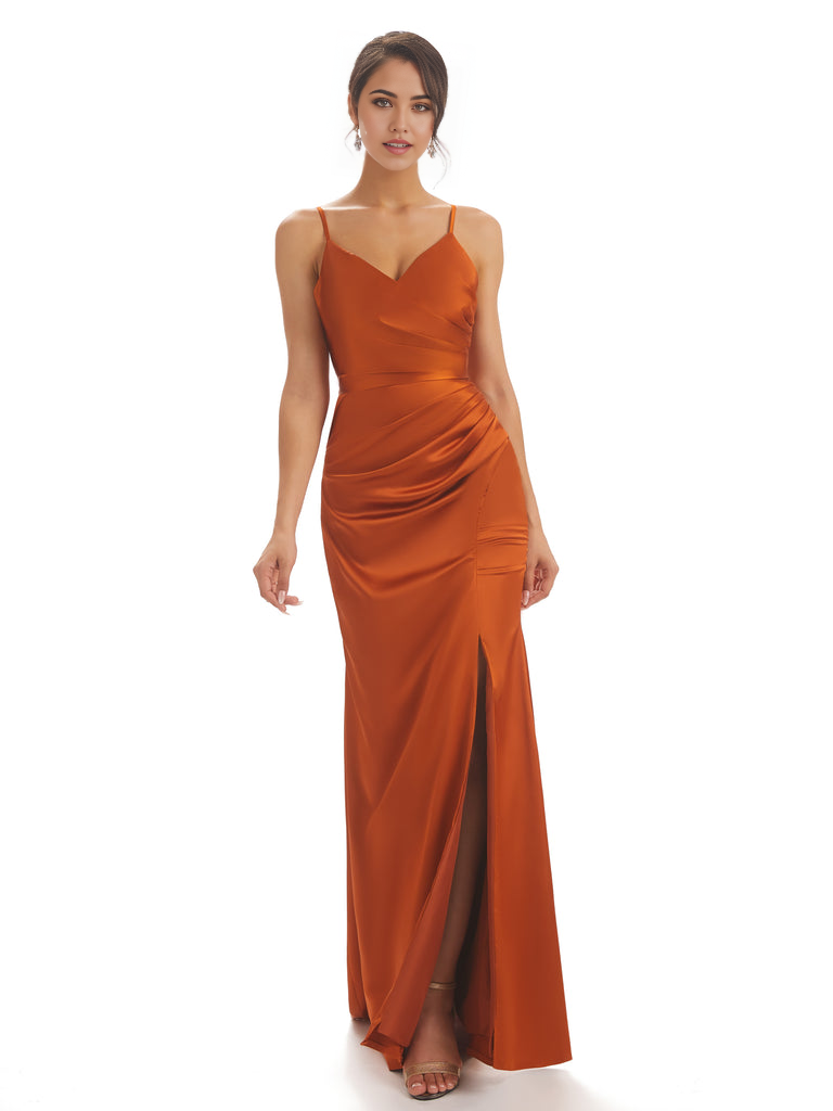 Spaghetti Straps Pleats Satin formal dresses evening gown Bridesmaid D