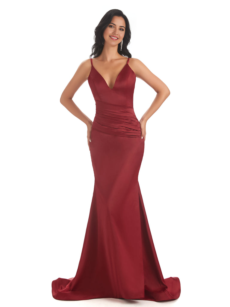 Mermaid Spaghetti V-Neck Straps Satin Long formal dresses evening gown Bridesmaid Dresses With Side Slit 