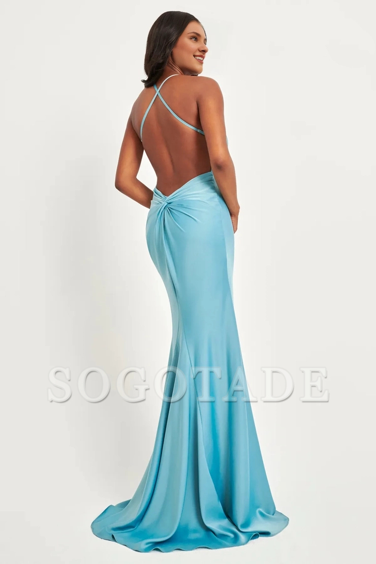 Thin shoulder strap V-neck satin backless and floor length dress
