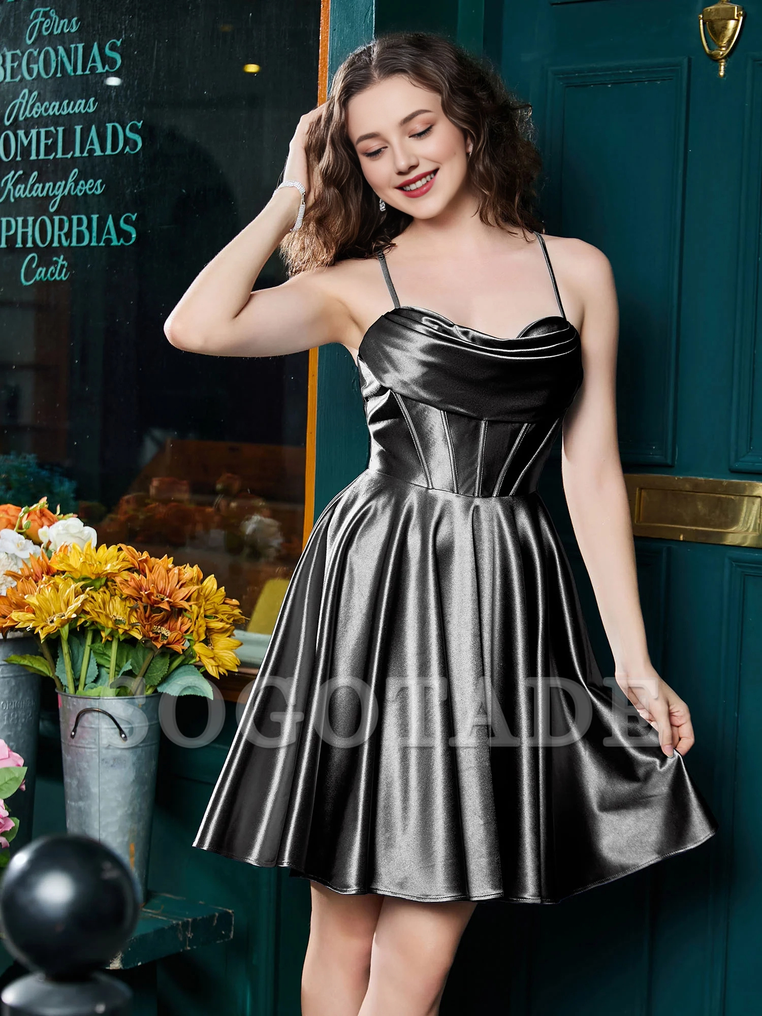 Thin shoulder strap tied with  satin mini Homecoming dress