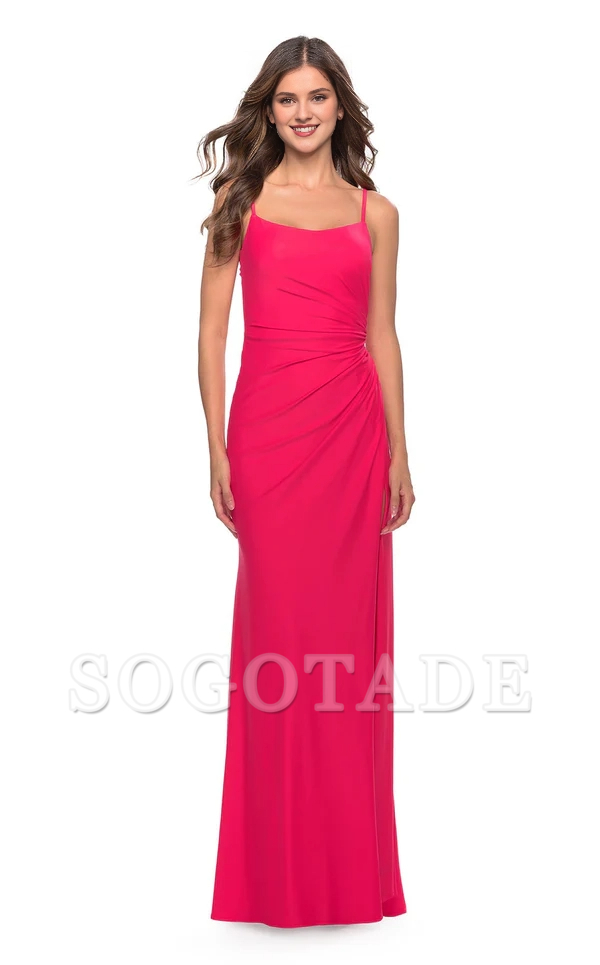 Square neckline sleeveless tight corset with side slits and floor length evening dress