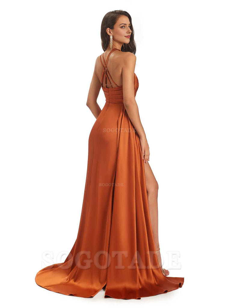 Sexy Soft Satin Halter Side Slit Floor-Length Maxi Mermaid Bridesmaid Dresses Online prom dress shop ﻿