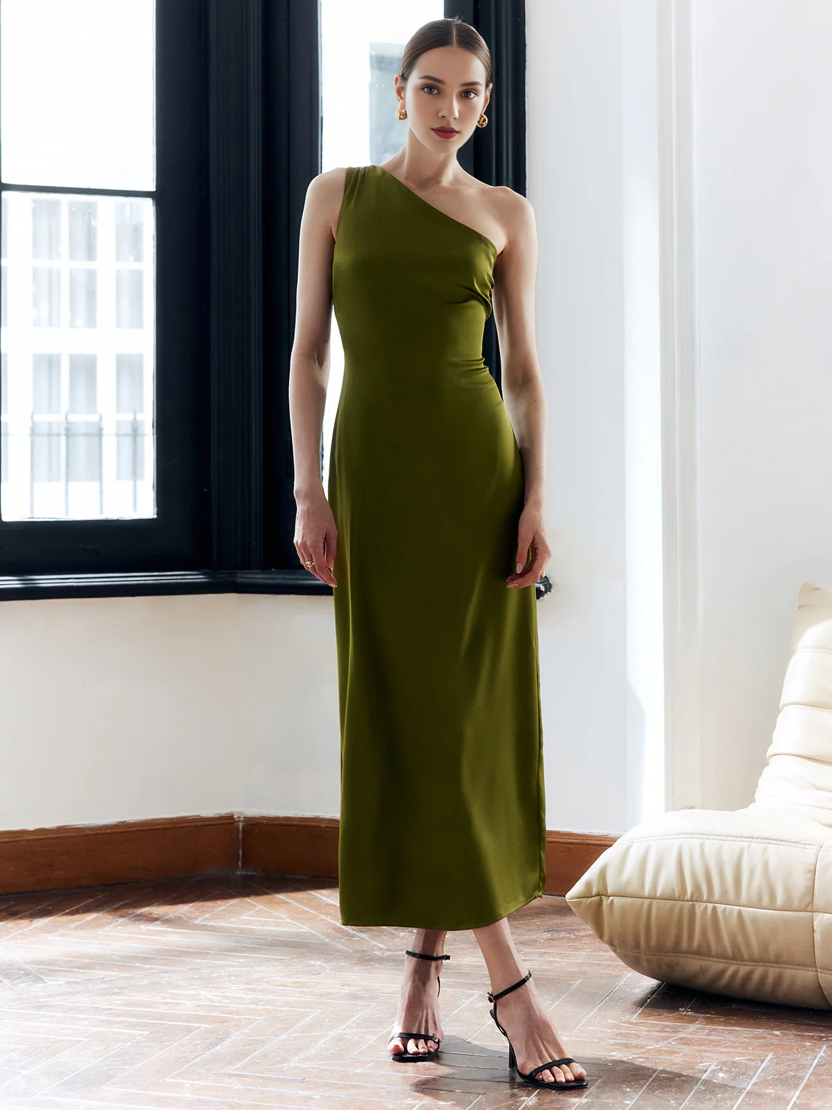 Asymmetric satin backless slim fit godons even dresses