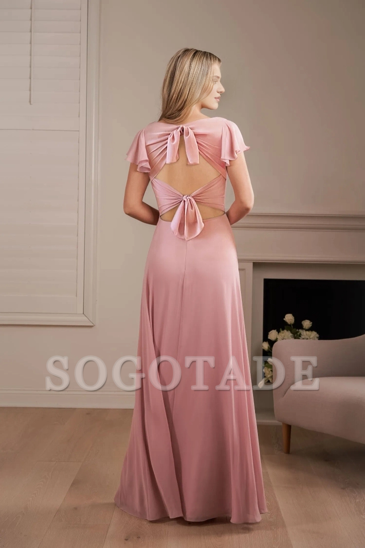 Polyester chiffon A-line hanging boat collar front slit bridesmaid dress