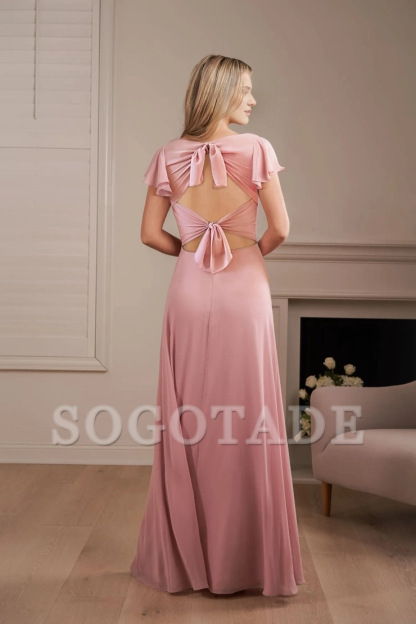 Polyester chiffon A-line hanging boat collar front slit bridesmaid dress