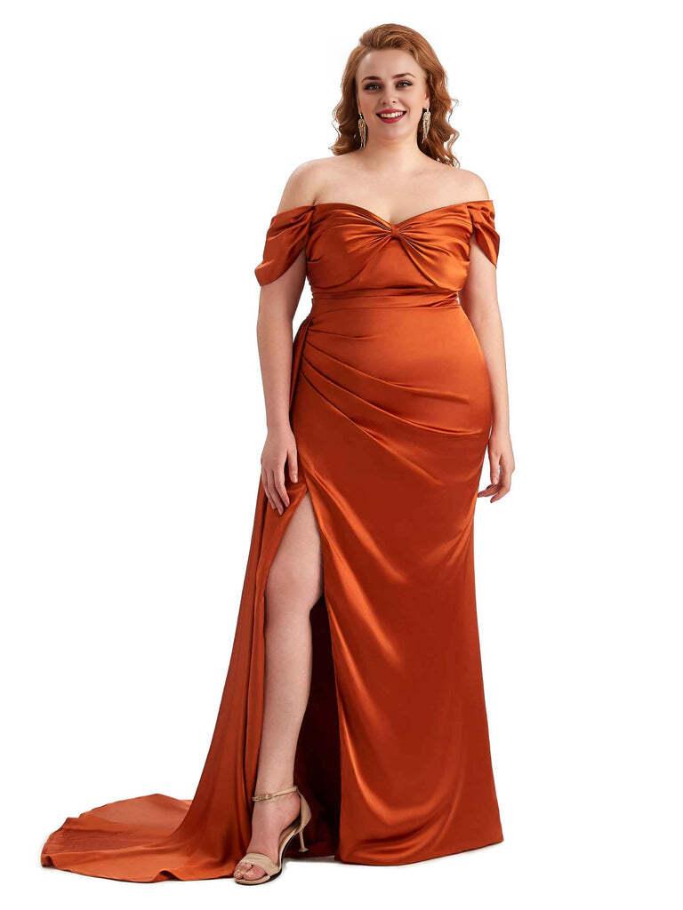  Sexy Side Slit Off The Shoulder Mermaid Soft Satin Long Plus Size Bridesmaid Dress For Wedding