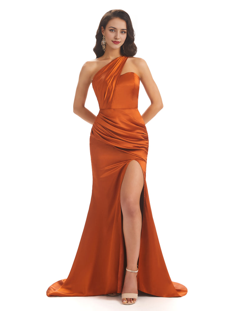 Sexy Soft Satin Side Slit One Shoulder Long Maxi Mermaid Bridesmaid Dresses vestido de festa de casamento ﻿