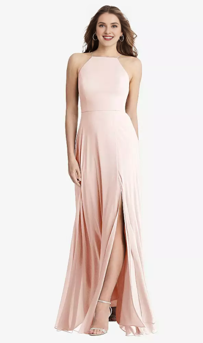 Front slit high neck chiffon long Prom dress