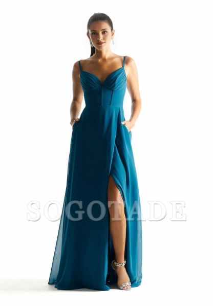 A-line V-neck chiffon pleated tight corset bridesmaid dress