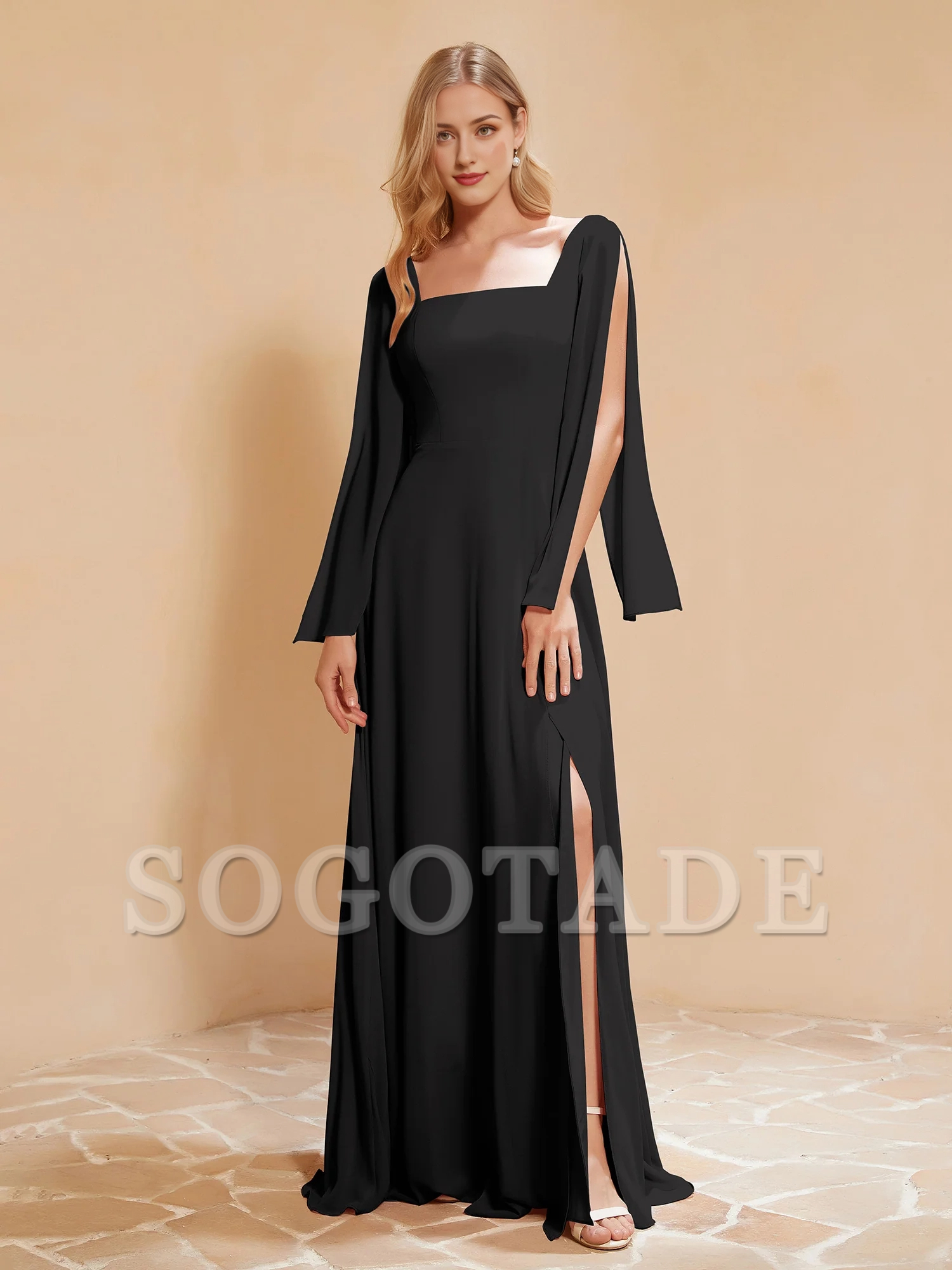 Square neck pleated chiffon and floor dress
