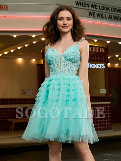 Tight corset top, sheer layered short Homecoming dress