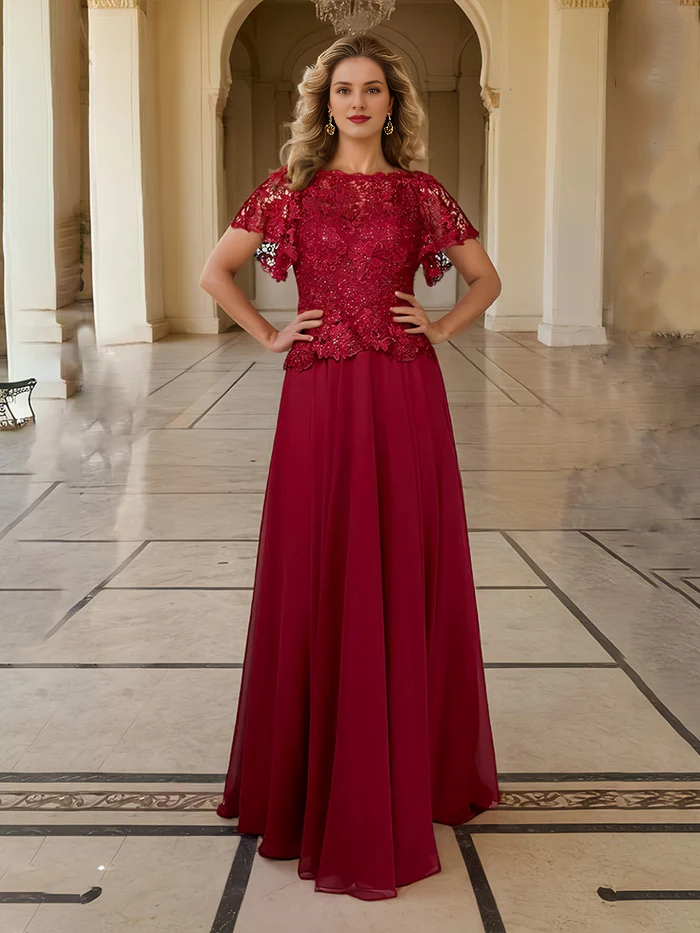 Wine red lace tight corset with flared sleeves and chiffon mother of the bride dress