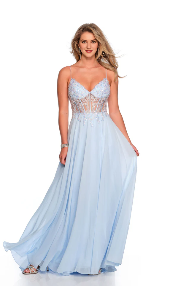 V-neck slim shoulder strap backless illusion tight top Prom dress