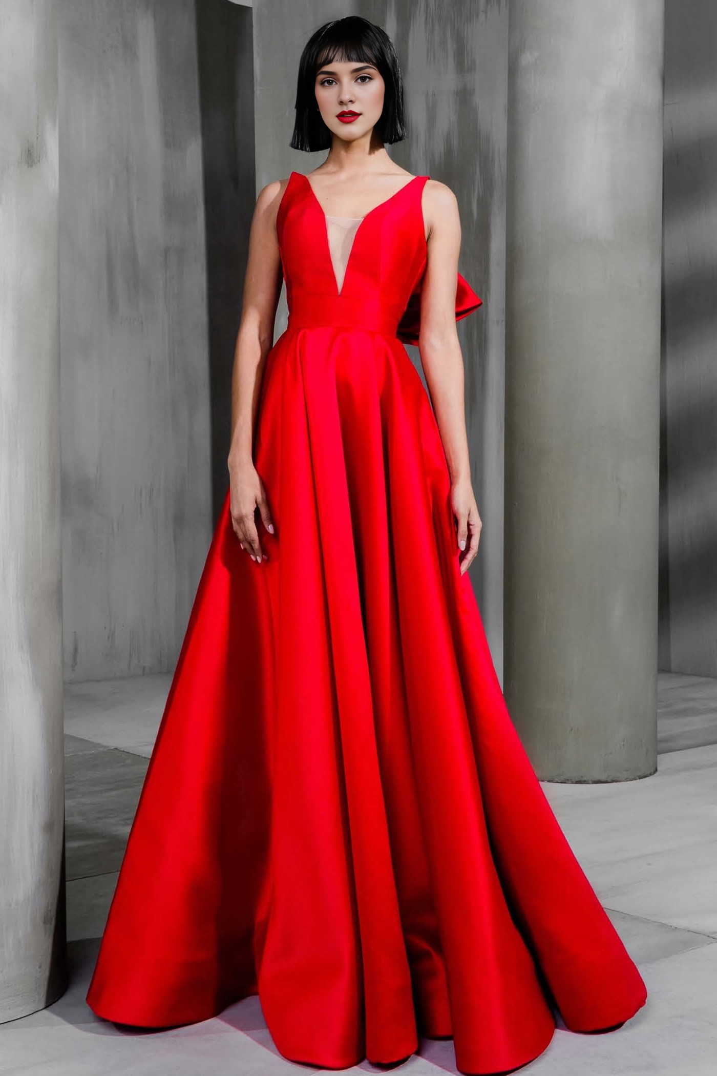 Red green black tie A-line evening gown elegant formal and floor length sleeveless V-neck ribbon bow 2024 gowns evening dresses