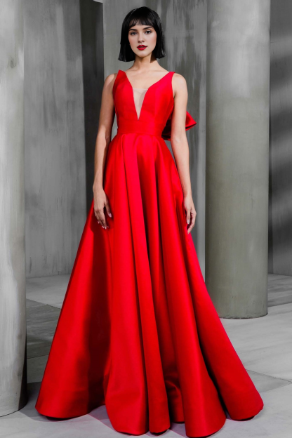 Red green black tie A-line evening gown elegant formal and floor length sleeveless V-neck ribbon bow 2024 gowns evening dresses