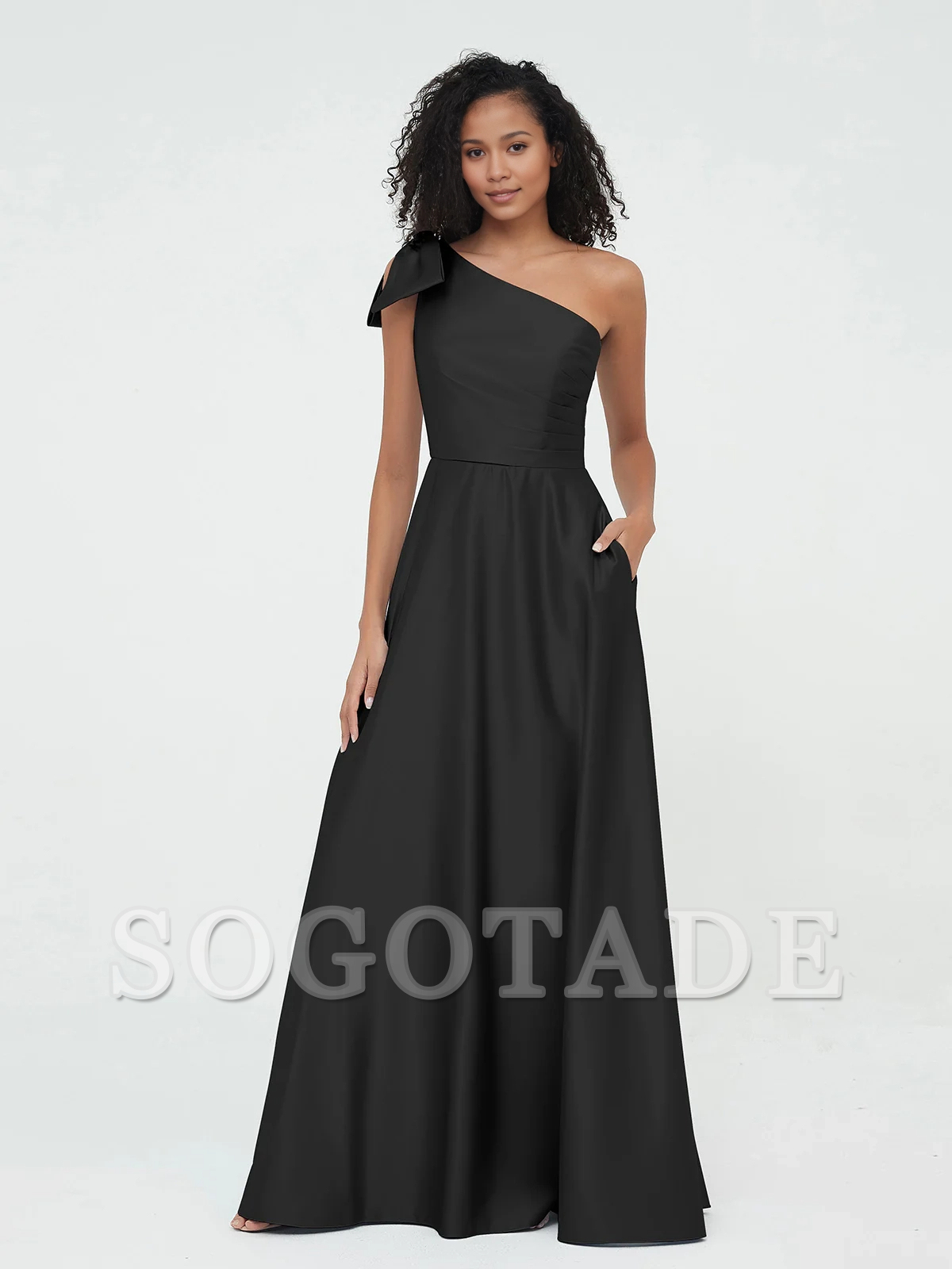 Pocket one shoulder long satin bridesmaid dress