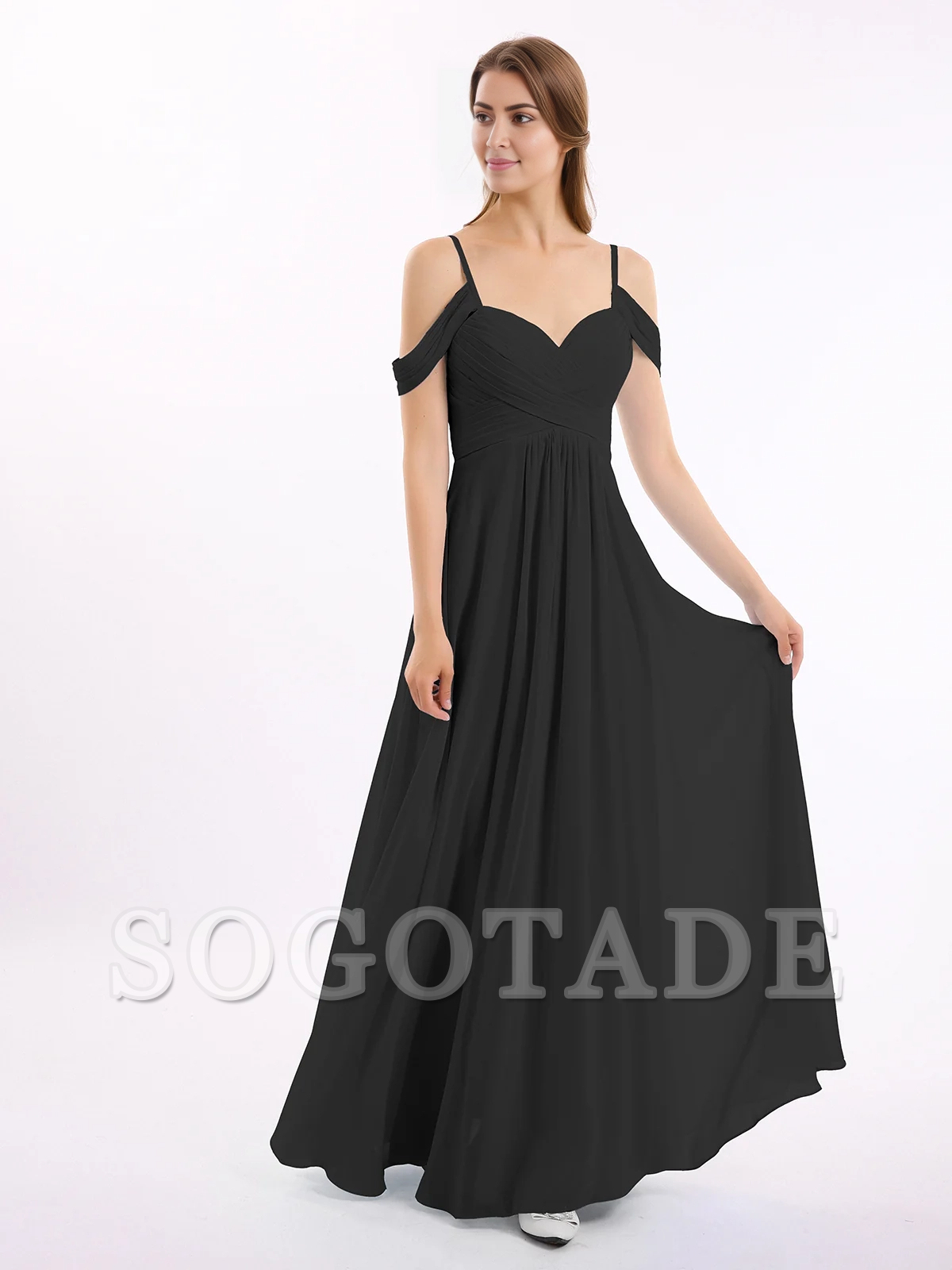 Off shoulder thin shoulder strap chiffon dress