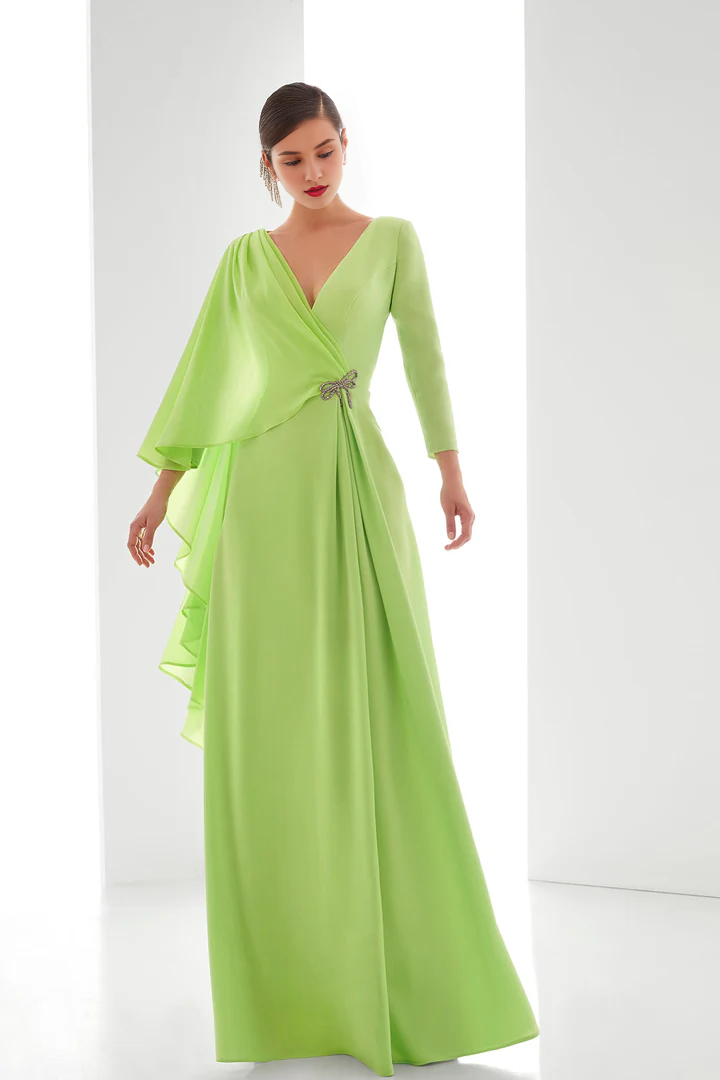 Crystal decorated crepe and chiffon evening gown