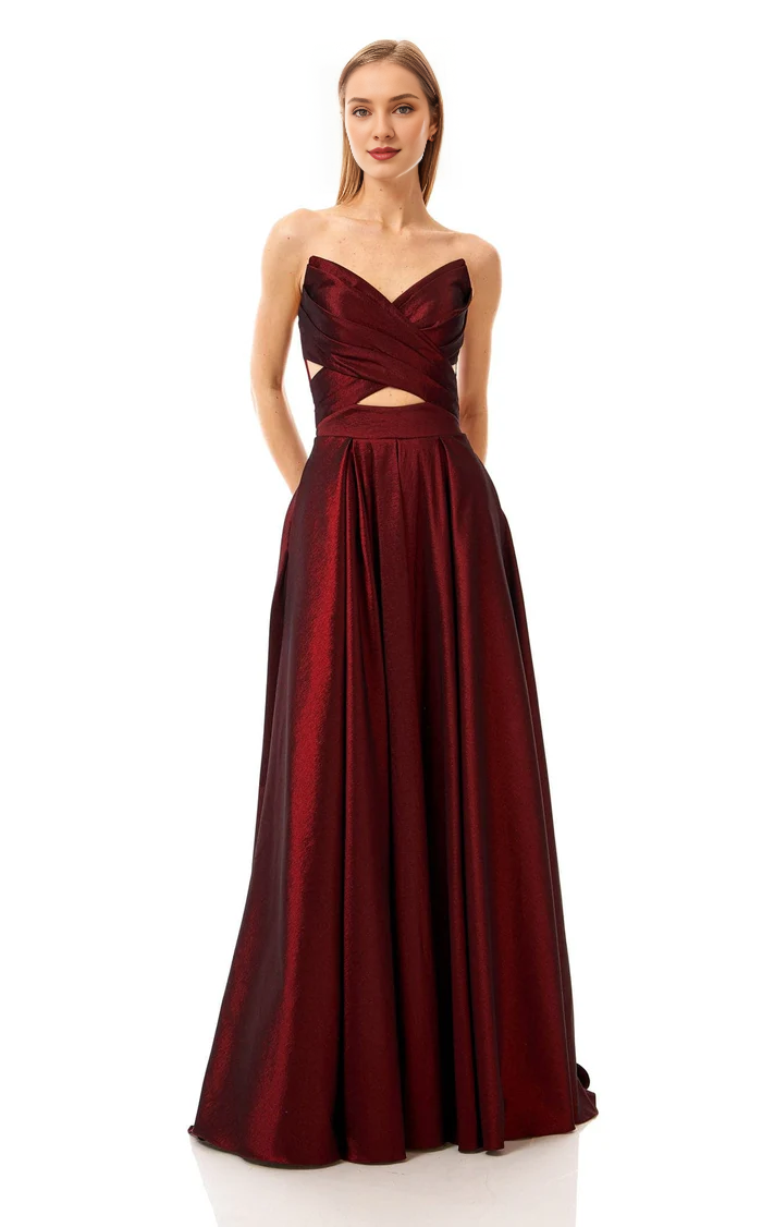 A-line V-neck satin strapless and floor length Prom dress