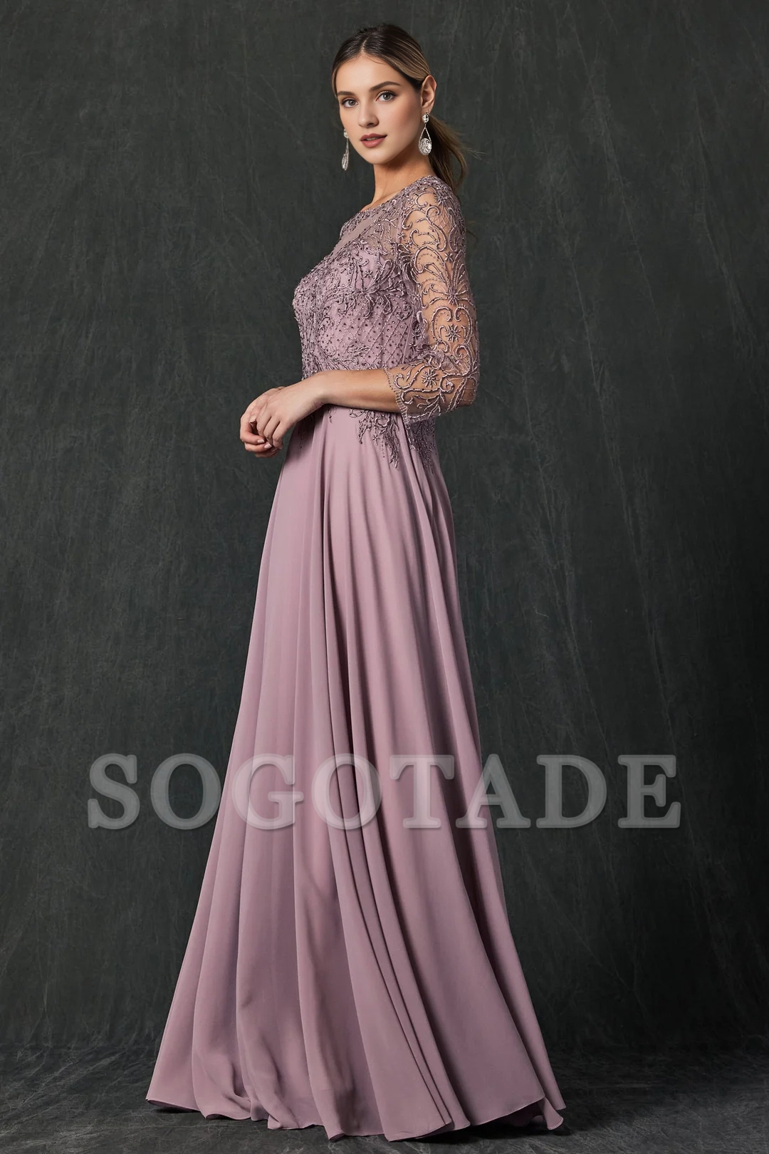 Embroidered long sleeved chiffon dress