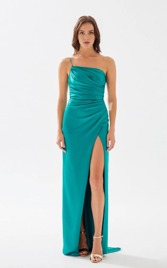 Asymmetric neckline thin shoulder straps side slits and floor length evening dress