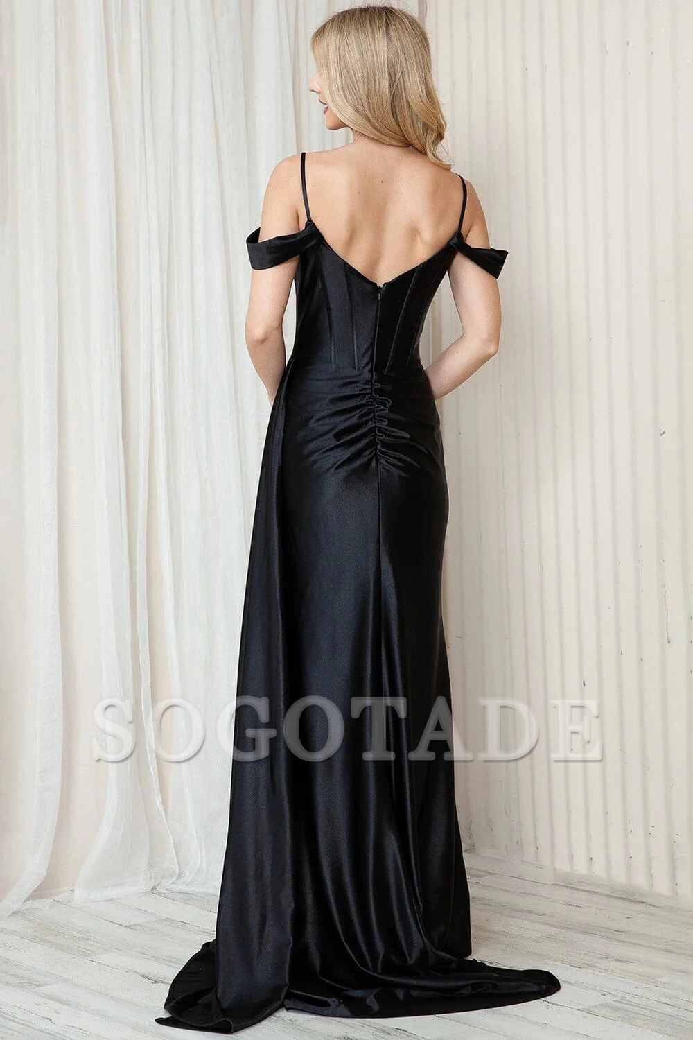 Tailored slit skirt satin off shoulder tight corset long dress