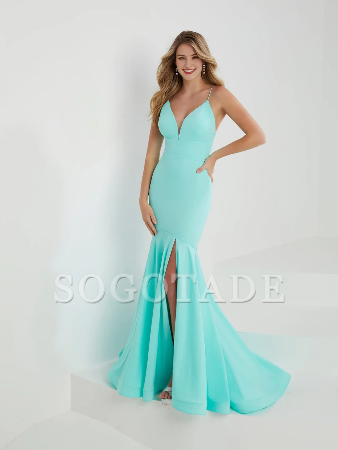 Fitted V-neck slim shoulder strap mermaid skirt with front slit and sweeping trailing skirt back lace up dress