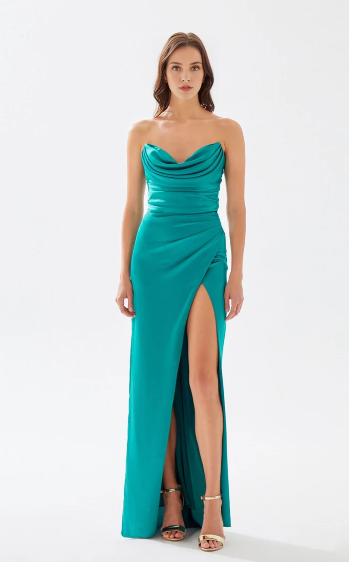 A-line chicken heart collar strapless backless high slit and floor length evening dress-SOGOTADE