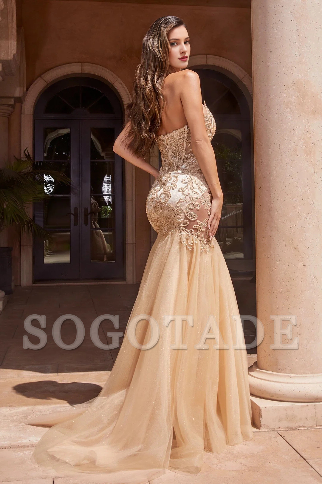 Lace applique long strapless chiffon dress