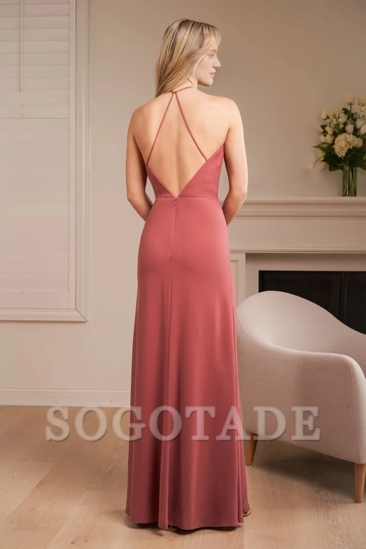 Soft crepe slim fit backless neckline thin shoulder straps deep V-shaped back front slit bridesmaid dress
