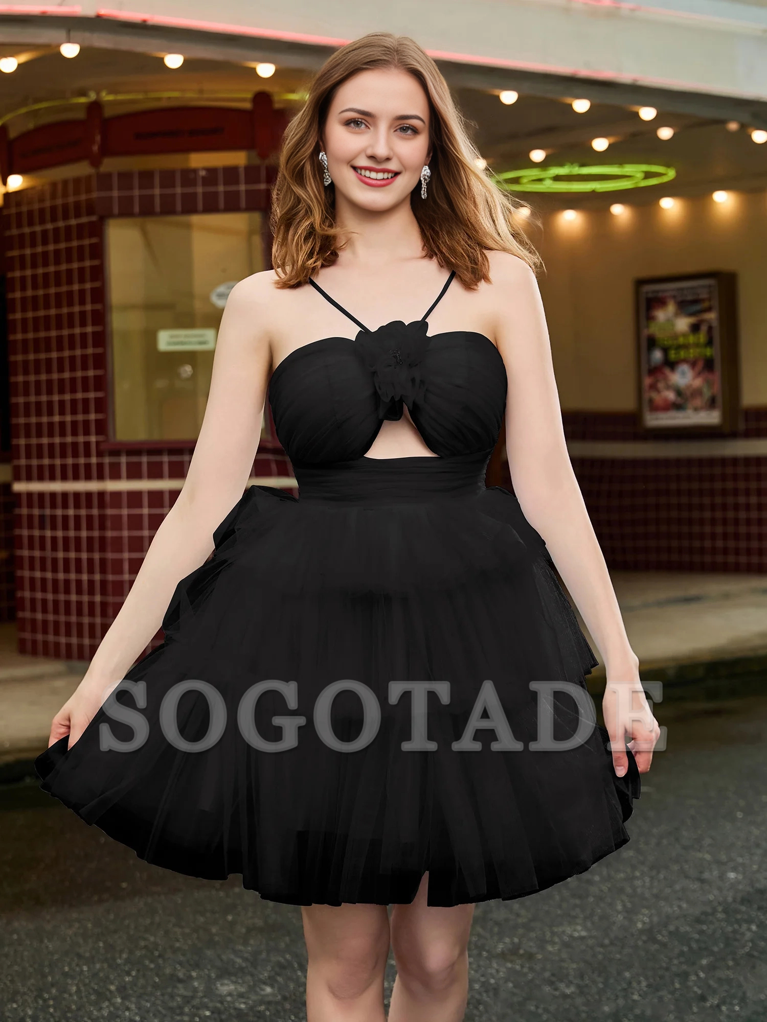 A-line hanging neck thin gauze layered short Homecoming dress-SOGOTADE