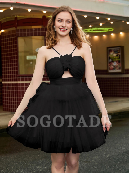 A-line hanging neck thin gauze layered short Homecoming dress-SOGOTADE