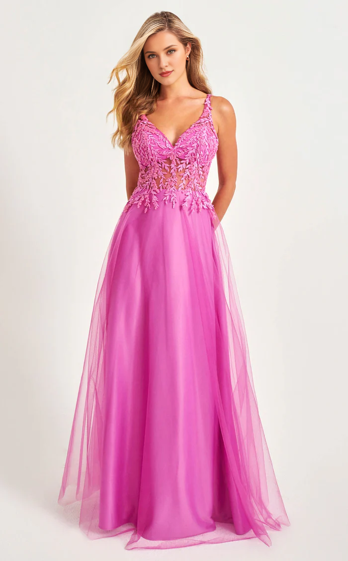 V-neck tight corset lace applique chiffon and floor length Prom dress
