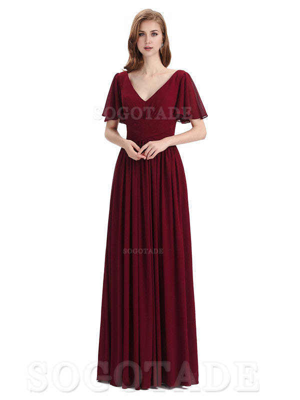 A-Line Chiffon Short Sleeves Elegant Floor-Length Bridesmaid Dresses Formal Women's Dresses Wedding Guests Dresses
