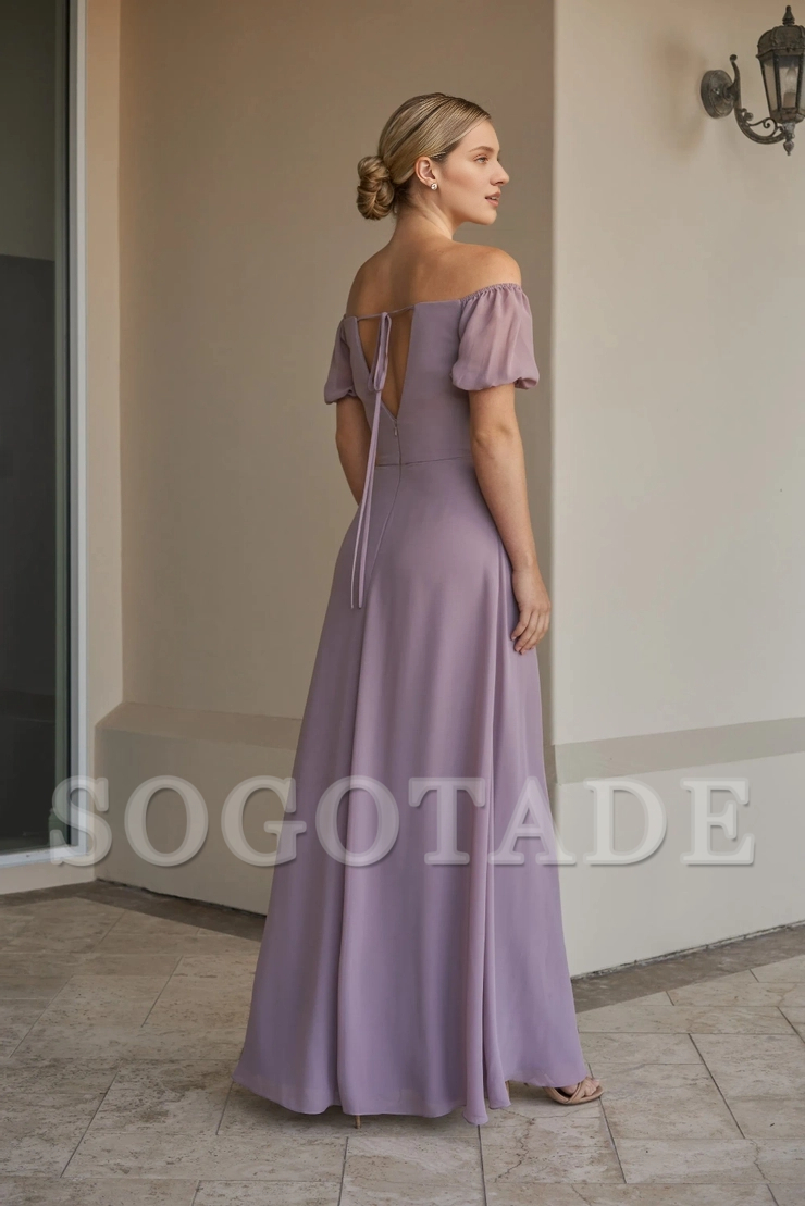 A-line thin shoulder strap off shoulder collar short bubble sleeves central slit bridesmaid dress