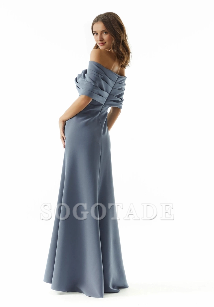 crepe A-line off shoulder collar and floor length evening dress