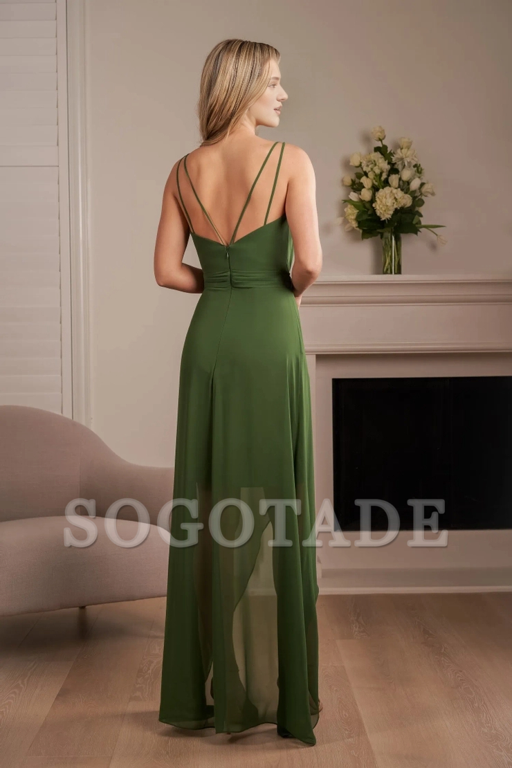 Polyester chiffon A-line thin shoulder strap bow back V-shaped bridesmaid dress